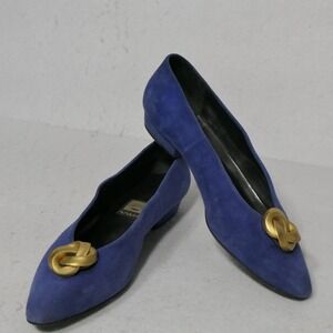 Vintage Nina Women Pumps 9 Blue Suede Gold Knot Pointed Toe Low Block Heel Retro